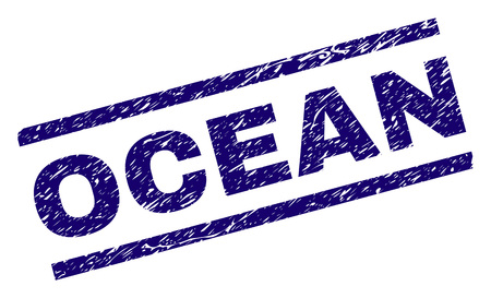 OCEAN seal watermark with scratced style. Blue vector rubber print of OCEAN title with corroded texture. Text title is placed between parallel lines.のイラスト素材