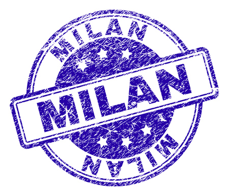 MILAN stamp seal imprint with grunge texture. Designed with rounded rectangles and circles. Blue vector rubber print of MILAN text with unclean texture.のイラスト素材