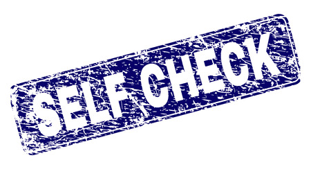 SELF CHECK stamp seal print with grunge texture. Seal shape is a rounded rectangle with frame. Blue vector rubber print of SELF CHECK tag with grunge style.のイラスト素材