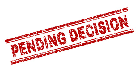 PENDING DECISION seal watermark with distress texture. Red vector rubber print of PENDING DECISION text with corroded texture. Text tag is placed between double parallel lines.のイラスト素材