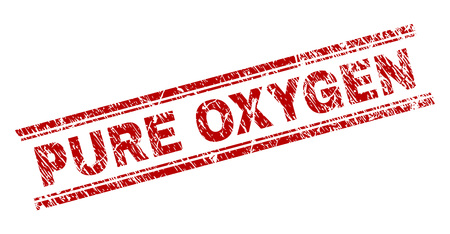 PURE OXYGEN seal print with corroded texture. Red vector rubber print of PURE OXYGEN title with scratched texture. Text title is placed between double parallel lines.のイラスト素材