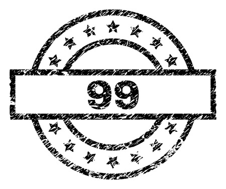 99 stamp seal watermark with distress style. Designed with rectangle, circles and stars. Black vector rubber print of 99 caption with corroded texture.のイラスト素材
