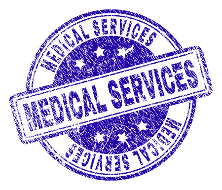 MEDICAL SERVICES stamp seal watermark with distress texture. Designed with rounded rectangles and circles. Blue vector rubber print of MEDICAL SERVICES text with dust texture.のイラスト素材