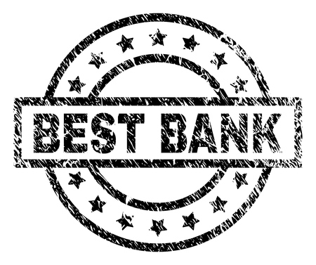 BEST BANK stamp seal watermark with distress style. Designed with rectangle, circles and stars. Black vector rubber print of BEST BANK title with retro texture.のイラスト素材