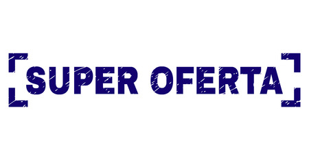 SUPER OFERTA text seal print with corroded texture. Text title is placed between corners. Blue vector rubber print of SUPER OFERTA with dust texture.のイラスト素材