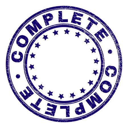 COMPLETE stamp seal imprint with distress texture. Designed with circles and stars. Blue vector rubber print of COMPLETE text with scratched texture.のイラスト素材