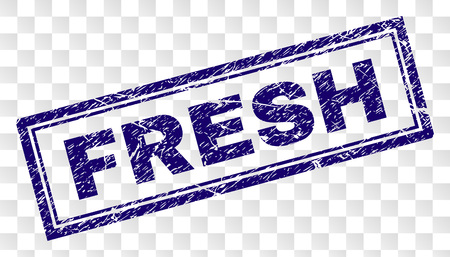 FRESH stamp seal print with rubber print style and double framed rectangle shape. Stamp is placed on a transparent background. Blue vector rubber print of FRESH label with grunge texture.のイラスト素材