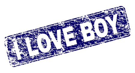 I LOVE BOY stamp seal print with distress texture. Seal shape is a rounded rectangle with frame. Blue vector rubber print of I LOVE BOY title with unclean texture.のイラスト素材