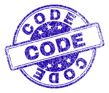 CODE stamp seal imprint with distress texture. Designed with rounded rectangles and circles. Blue vector rubber print of CODE title with retro texture.のイラスト素材