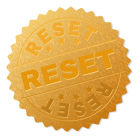 RESET gold stamp award. Vector golden award with RESET text. Text labels are placed between parallel lines and on circle. Golden skin has metallic effect.のイラスト素材