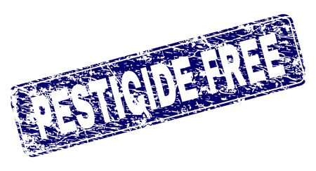 PESTICIDE FREE stamp seal print with distress style. Seal shape is a rounded rectangle with frame. Blue vector rubber print of PESTICIDE FREE caption with scratched style.のイラスト素材