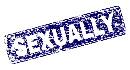 SEXUALLY stamp seal print with grunge texture. Seal shape is a rounded rectangle with frame. Blue vector rubber print of SEXUALLY title with grunge style.のイラスト素材