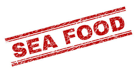 SEA FOOD seal print with corroded texture. Red vector rubber print of SEA FOOD label with dirty texture. Text label is placed between double parallel lines.のイラスト素材