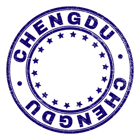 CHENGDU stamp seal watermark with grunge effect. Designed with circles and stars. Blue vector rubber print of CHENGDU label with grunge texture.のイラスト素材