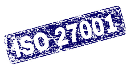 ISO 27001 stamp seal print with distress texture. Seal shape is a rounded rectangle with frame. Blue vector rubber print of ISO 27001 tag with unclean texture.のイラスト素材