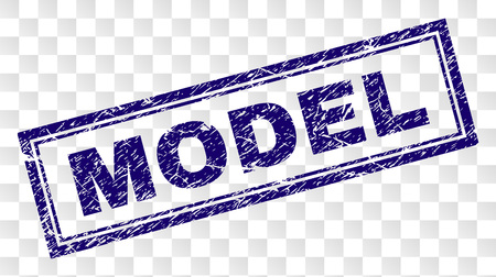 MODEL stamp seal print with rubber print style and double framed rectangle shape. Stamp is placed on a transparent background. Blue vector rubber print of MODEL tag with grunge texture.のイラスト素材