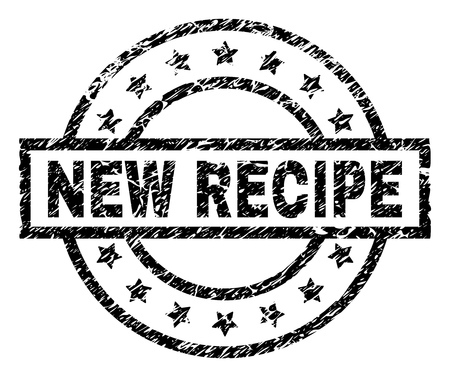 NEW RECIPE stamp seal watermark with distress style. Designed with rectangle, circles and stars. Black vector rubber print of NEW RECIPE label with dirty texture.のイラスト素材