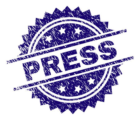 PRESS stamp seal watermark with distress style. Blue vector rubber print of PRESS title with grunge texture.のイラスト素材