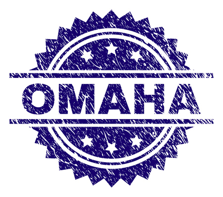 OMAHA stamp seal watermark with distress style. Blue vector rubber print of OMAHA text with corroded texture.のイラスト素材