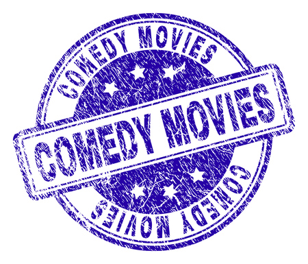 COMEDY MOVIES stamp seal watermark with grunge texture. Designed with rounded rectangles and circles. Blue vector rubber print of COMEDY MOVIES text with dust texture.のイラスト素材