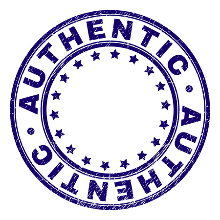 AUTHENTIC stamp seal watermark with grunge texture. Designed with circles and stars. Blue vector rubber print of AUTHENTIC caption with dust texture.のイラスト素材