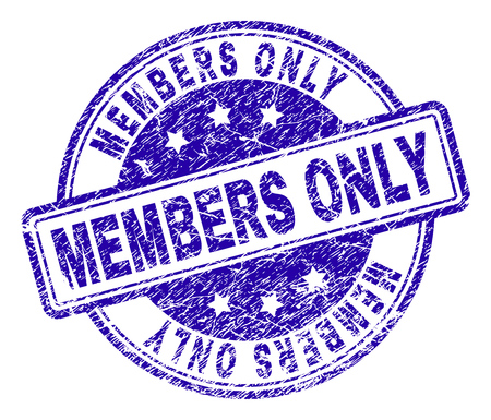 MEMBERS ONLY stamp seal watermark with grunge texture. Designed with rounded rectangles and circles. Blue vector rubber print of MEMBERS ONLY caption with dirty texture.のイラスト素材
