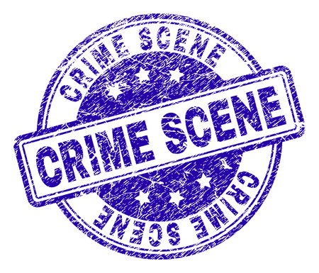 CRIME SCENE stamp seal imprint with distress texture. Designed with rounded rectangles and circles. Blue vector rubber print of CRIME SCENE caption with retro texture.のイラスト素材