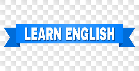 LEARN ENGLISH text on a ribbon. Designed with white title and blue tape. Vector banner with LEARN ENGLISH tag on a transparent background.のイラスト素材