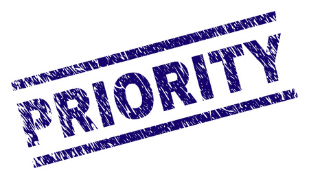 PRIORITY seal print with grunge style. Blue vector rubber print of PRIORITY label with grunge texture. Text caption is placed between parallel lines.のイラスト素材