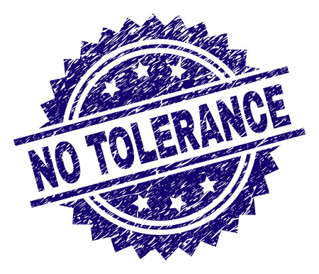 NO TOLERANCE stamp seal watermark with distress style. Blue vector rubber print of NO TOLERANCE title with unclean texture.のイラスト素材