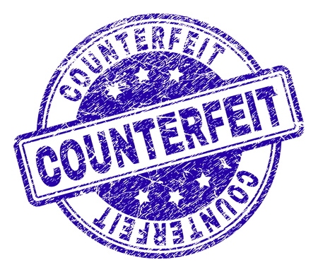 COUNTERFEIT stamp seal imprint with grunge texture. Designed with rounded rectangles and circles. Blue vector rubber print of COUNTERFEIT text with scratched texture.のイラスト素材