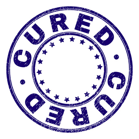 CURED stamp seal imprint with grunge texture. Designed with circles and stars. Blue vector rubber print of CURED text with grunge texture.のイラスト素材