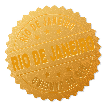 RIO DE JANEIRO gold stamp medallion. Vector gold award with RIO DE JANEIRO text. Text labels are placed between parallel lines and on circle. Golden skin has metallic texture.のイラスト素材