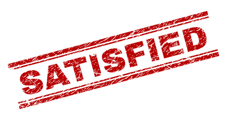 SATISFIED seal print with distress texture. Red vector rubber print of SATISFIED title with unclean texture. Text title is placed between double parallel lines.のイラスト素材