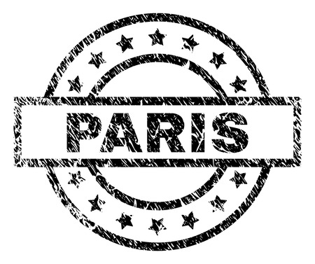 PARIS stamp seal watermark with distress style. Designed with rectangle, circles and stars. Black vector rubber print of PARIS caption with unclean texture.のイラスト素材