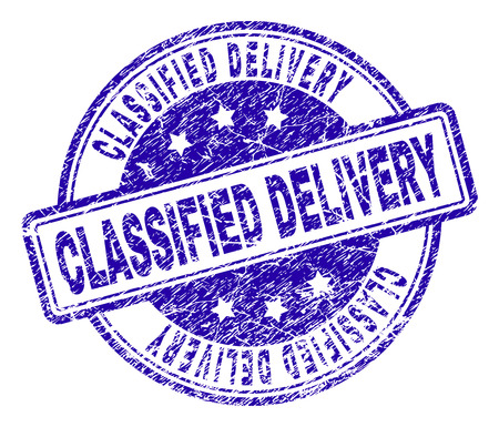 CLASSIFIED DELIVERY stamp seal imprint with grunge texture. Designed with rounded rectangles and circles. Blue vector rubber print of CLASSIFIED DELIVERY caption with grunge texture.のイラスト素材
