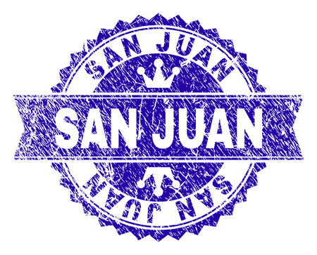 SAN JUAN rosette stamp seal watermark with grunge style. Designed with round rosette, ribbon and small crowns. Blue vector rubber watermark of SAN JUAN label with unclean style.のイラスト素材