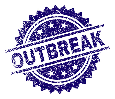 OUTBREAK stamp seal watermark with distress style. Blue vector rubber print of OUTBREAK title with dust texture.のイラスト素材
