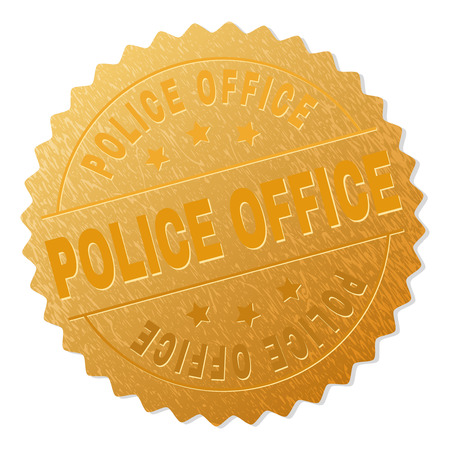 POLICE OFFICE gold stamp badge. Vector gold award with POLICE OFFICE text. Text labels are placed between parallel lines and on circle. Golden area has metallic texture.のイラスト素材