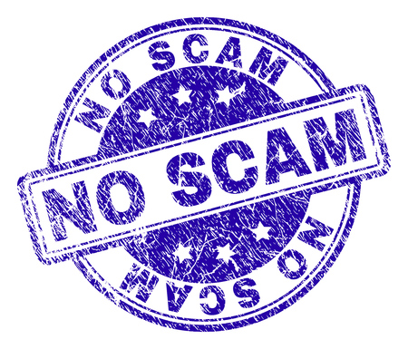 NO SCAM stamp seal imprint with distress texture. Designed with rounded rectangles and circles. Blue vector rubber print of NO SCAM text with dirty texture.のイラスト素材
