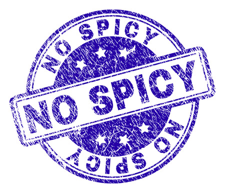 NO SPICY stamp seal watermark with distress texture. Designed with rounded rectangles and circles. Blue vector rubber print of NO SPICY title with dirty texture.のイラスト素材