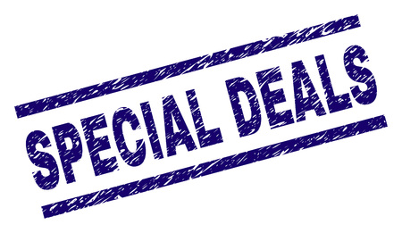 SPECIAL DEALS seal print with grunge style. Blue vector rubber print of SPECIAL DEALS title with grunge texture. Text label is placed between parallel lines.のイラスト素材