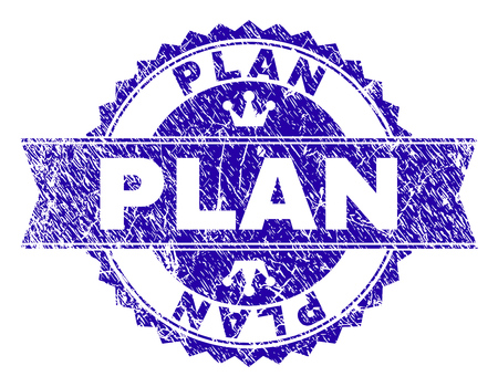 PLAN rosette stamp watermark with grunge texture. Designed with round rosette, ribbon and small crowns. Blue vector rubber print of PLAN tag with grunge texture.のイラスト素材