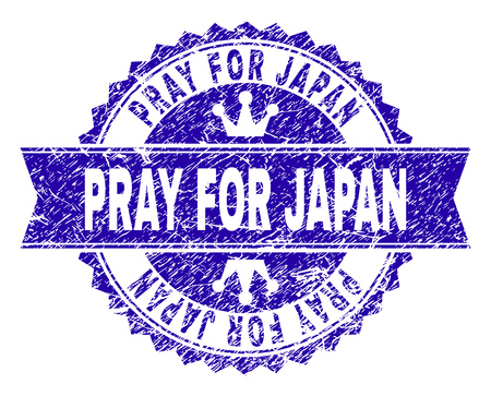 PRAY FOR JAPAN rosette seal watermark with grunge texture. Designed with round rosette, ribbon and small crowns. Blue vector rubber watermark of PRAY FOR JAPAN label with scratched texture.のイラスト素材