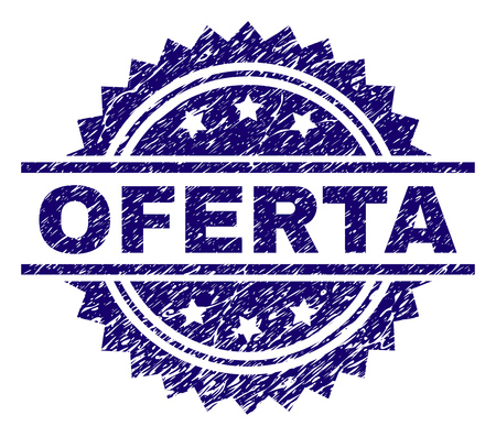 OFERTA stamp seal watermark with distress style. Blue vector rubber print of OFERTA caption with corroded texture.のイラスト素材