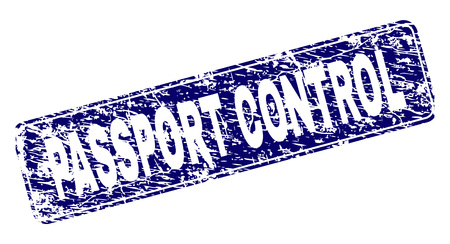 PASSPORT CONTROL stamp seal print with distress texture. Seal shape is a rounded rectangle with frame. Blue vector rubber print of PASSPORT CONTROL label with corroded style.のイラスト素材