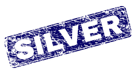 SILVER stamp seal print with distress texture. Seal shape is a rounded rectangle with frame. Blue vector rubber print of SILVER title with unclean texture.のイラスト素材
