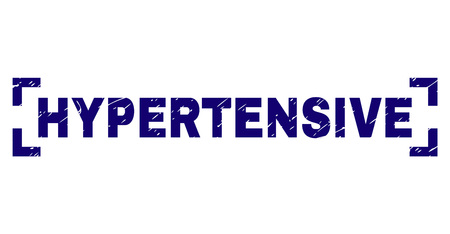 HYPERTENSIVE label seal print with grunge texture. Text label is placed inside corners. Blue vector rubber print of HYPERTENSIVE with dirty texture.のイラスト素材