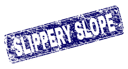 SLIPPERY SLOPE stamp seal watermark with grunge texture. Seal shape is a rounded rectangle with frame. Blue vector rubber print of SLIPPERY SLOPE text with grunge texture.のイラスト素材