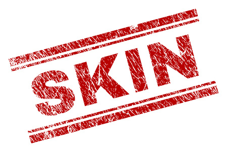 SKIN seal imprint with corroded texture. Red vector rubber print of SKIN text with retro texture. Text tag is placed between double parallel lines.のイラスト素材